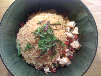 Cucumbers + Pine Nuts + Goat cheese + Chicken + Cranberries + Cous cous + Basil