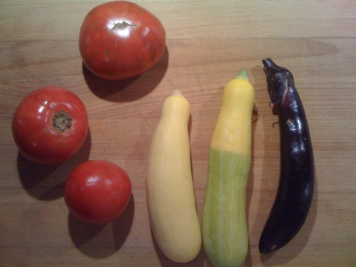 Pink Beauty Tomatoes, Yellow Straight Squash, Zephyr Squash, and Orient Express Eggplant